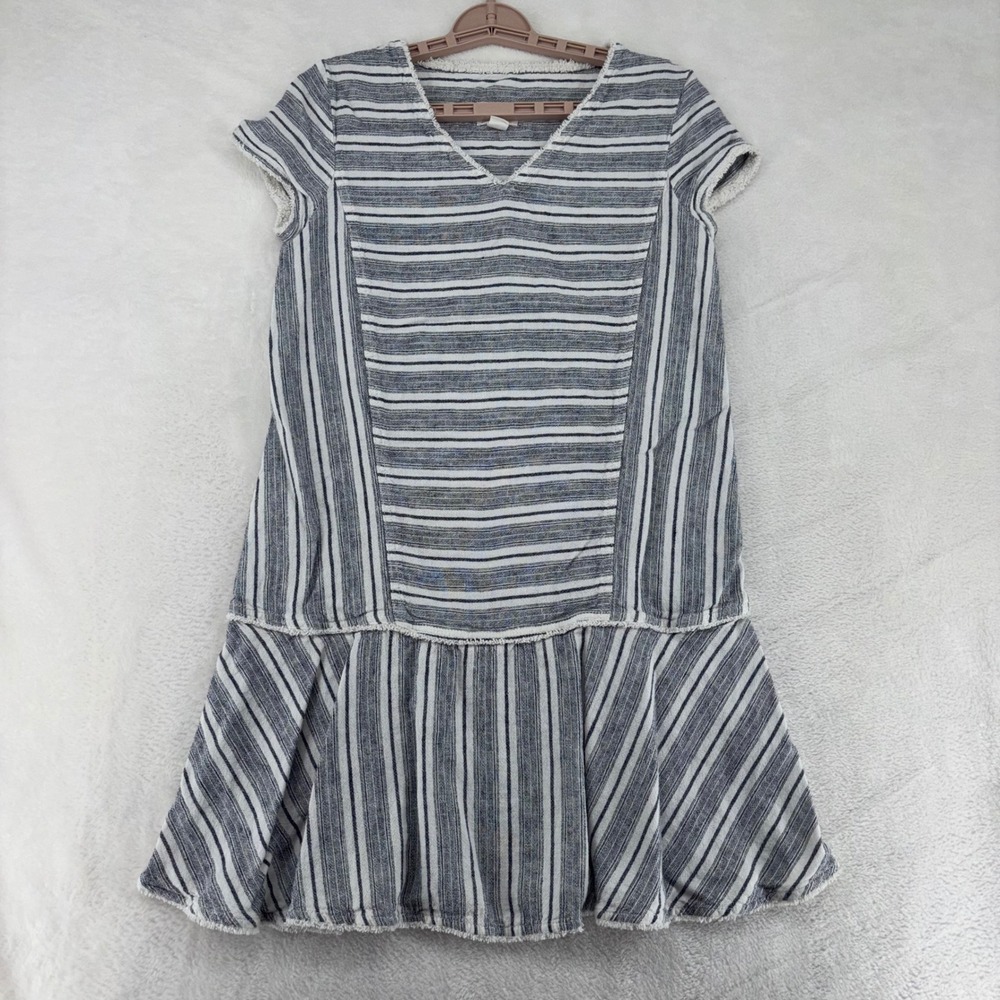 Caslon Petite Blue White Striped Linen Blend Drop Waist Ruffle Shift Dress PS